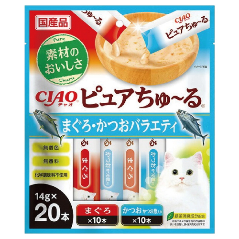 CIAO 無香料色素肉泥-鮪魚、鰹魚+鰹魚片 14gx20入